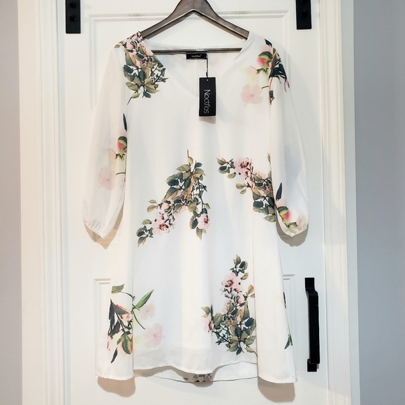 Noctflos Womens M Floral Shift Dress Mini V Neck White Green Pink 3/4 Sleeve - Picture 3 of 10